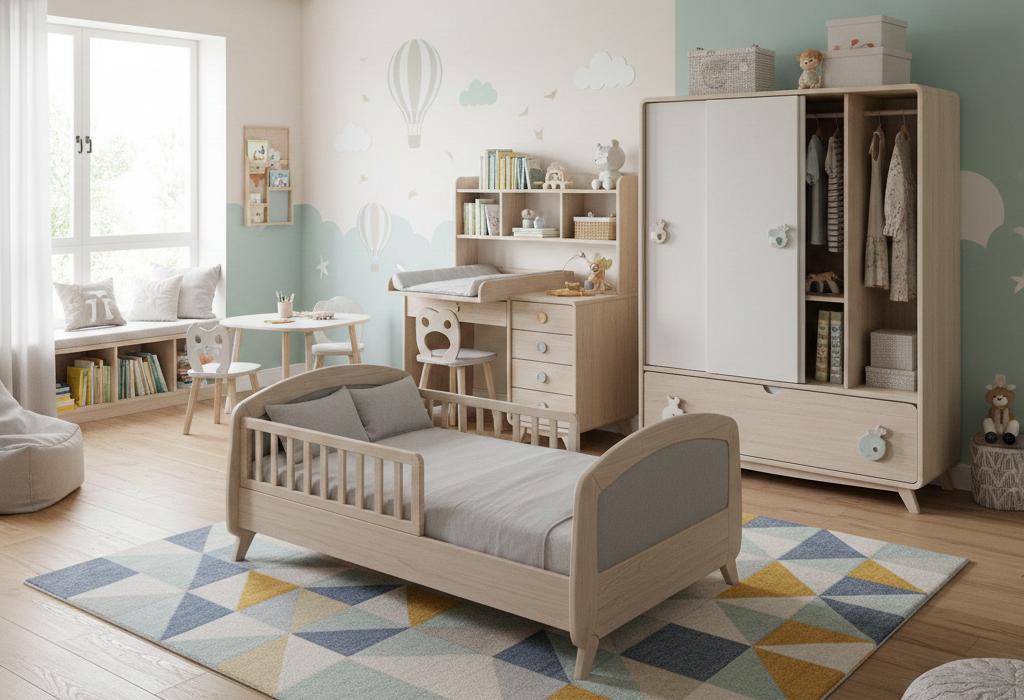 Chambre avec lit Sauthon XXL transformable (couleur taupe)